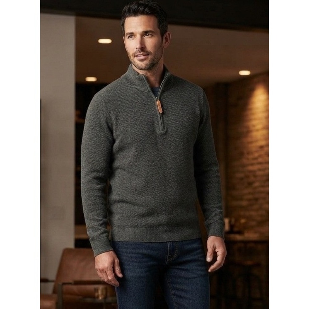 Fat Face Cashmere Textured Quarter Zip Sweater Men's XL Green Pullover Jumper